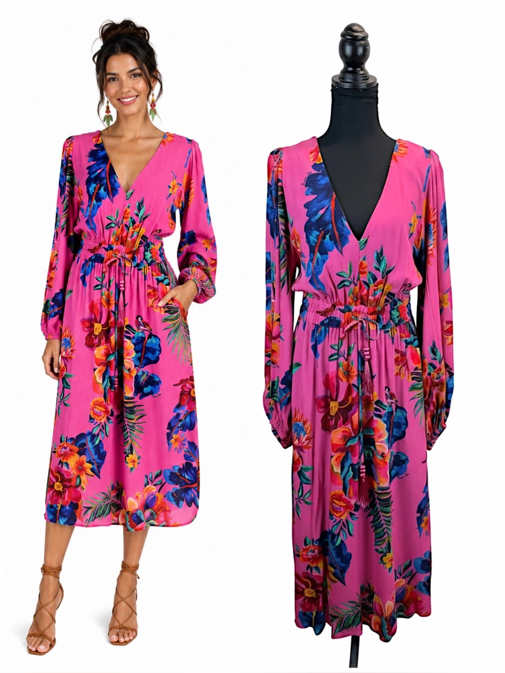 FARM Rio Anthropologie Pink Tropical Floral Midi Dress Tassel Tie Small